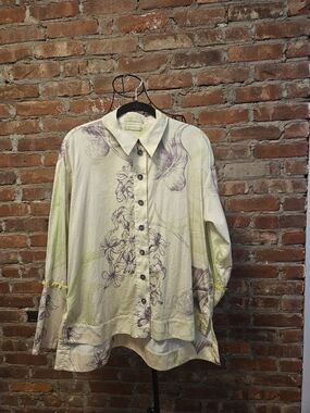 Cream Floral Button-Front Women's Blouse with Purple & Green Accents 100% Cotton